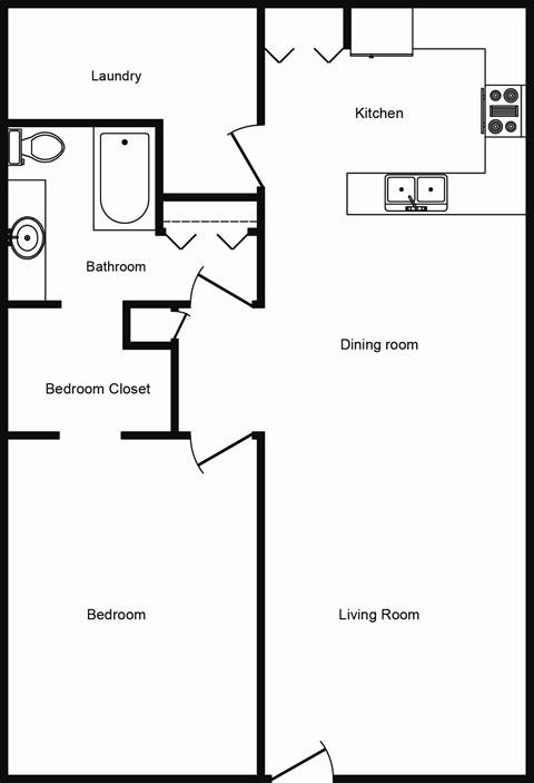 Floor plan for 1 bed, 1 bath, 1000 sqft